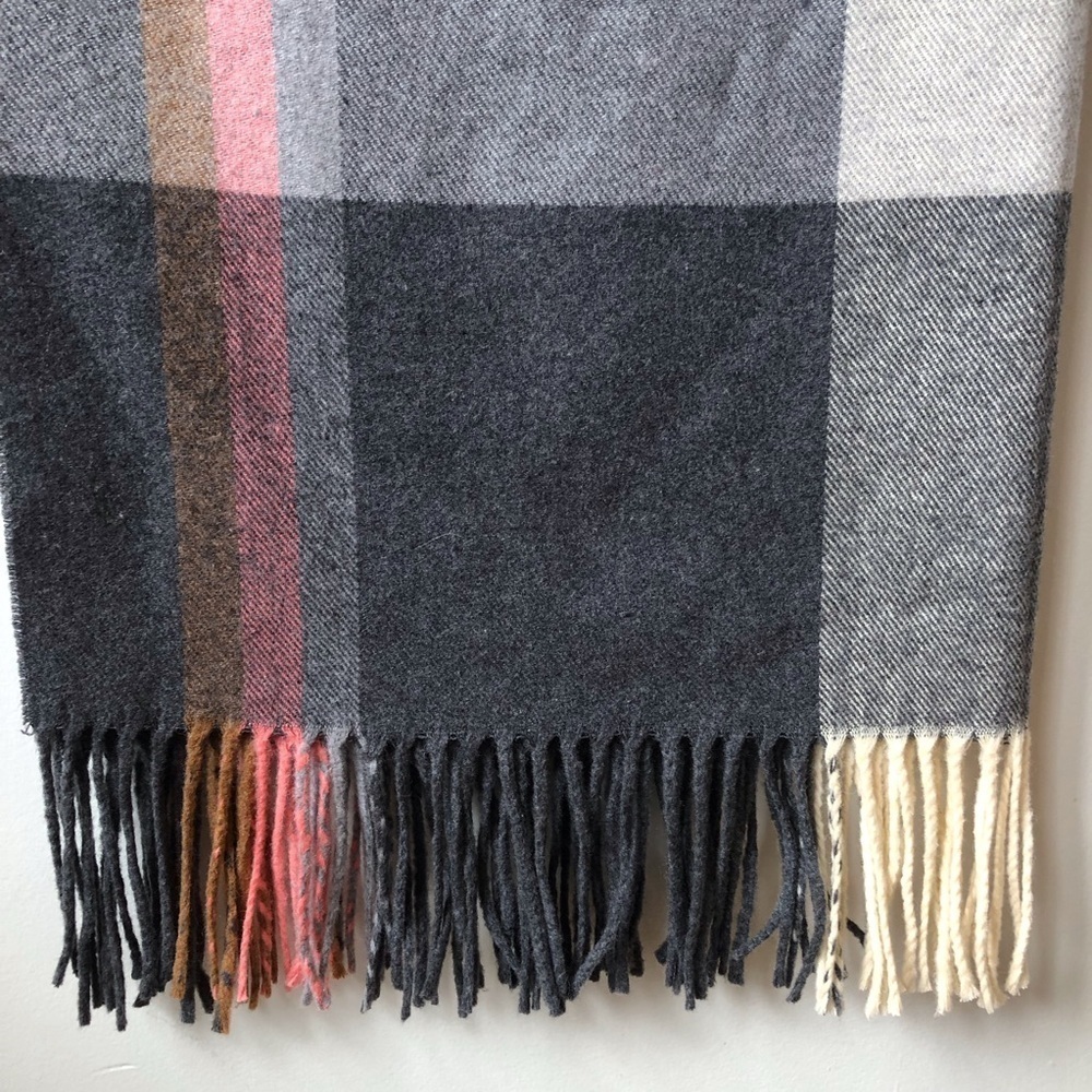 Pretty Persuasions wool blend scarf plaid check with fringe neutral